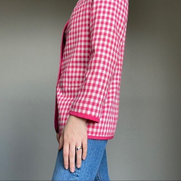 Vintage 80s Pink White Cotton Checkered Preppy Plaid Oversized Blazer Sz M - Picture 12 of 12